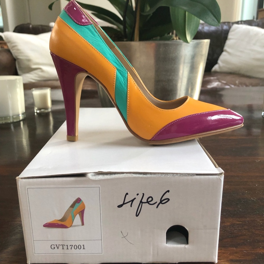 Multicolor Pointed Toe High Heel Pump in Yellow, Teal & Magenta